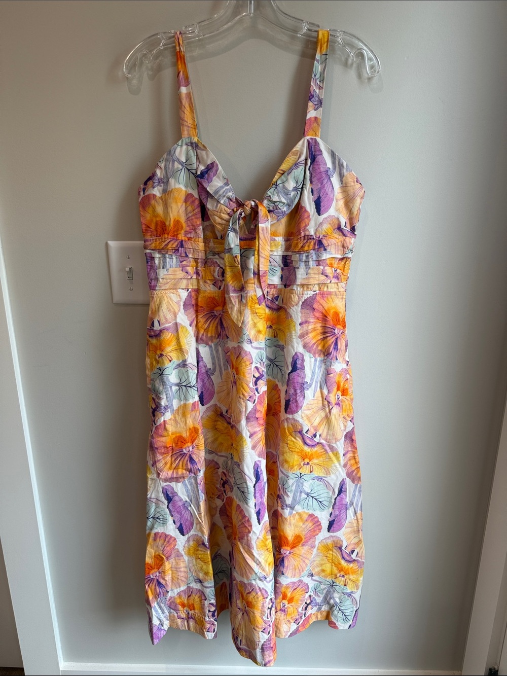Anthropologie Yellow Orange Purple Floral Tie-Front Midi Dress